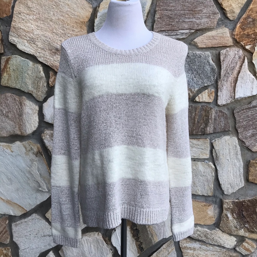 LOFT Striped Sweater - Size XL - Beige/Off-White